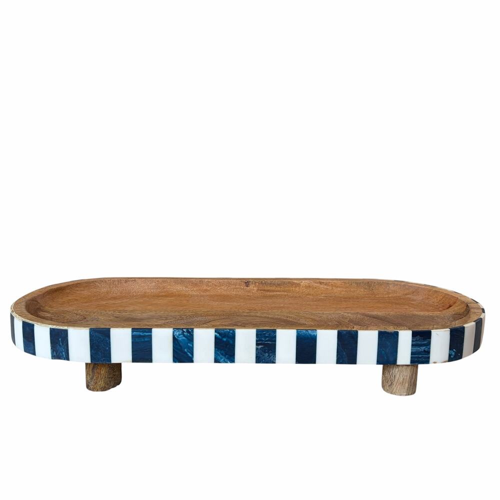 Blue & White Checkered Enameled Mango Wood Serving Tray 15x6 Made In India NEW